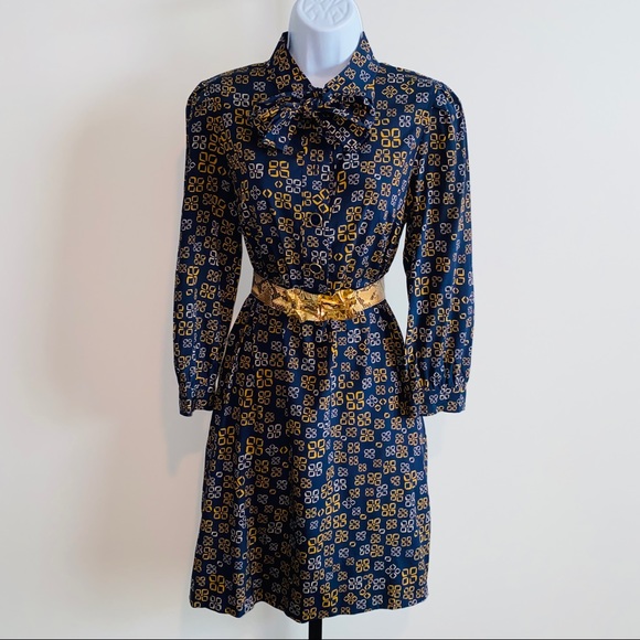 Vintage DKNY Navy Blue Silk Printed Neck Tie Dress with Pockets Size 6 - Picture 3 of 11